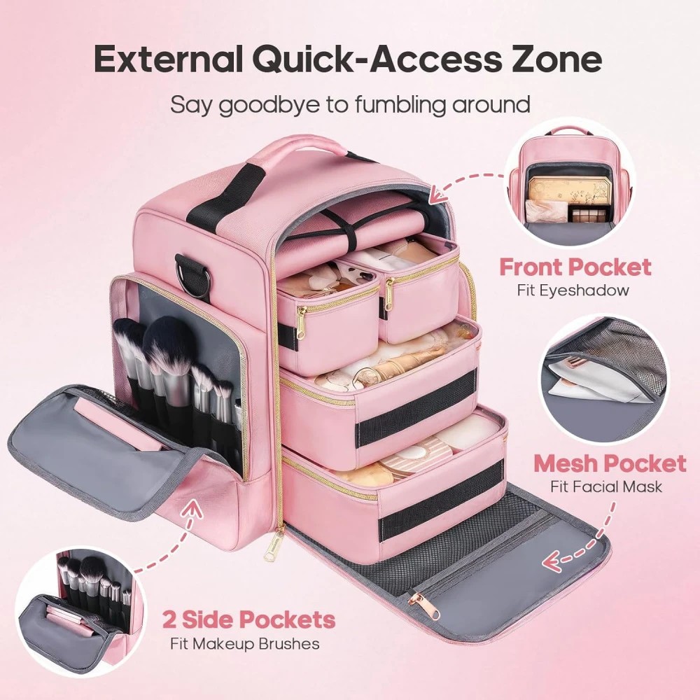 1pc Complete Travel Makeup Bag Set, Pink, Large Capacity Cosmetic Organizer with Detachable Pouch, Jewelry Storage Case - Image 3