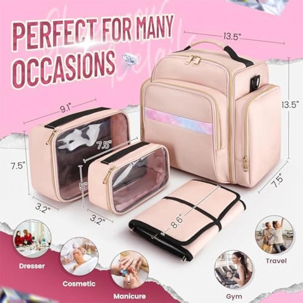 1pc Complete Travel Makeup Bag Set, Pink, Large Capacity Cosmetic Organizer with Detachable Pouch, Jewelry Storage Case - Image 5