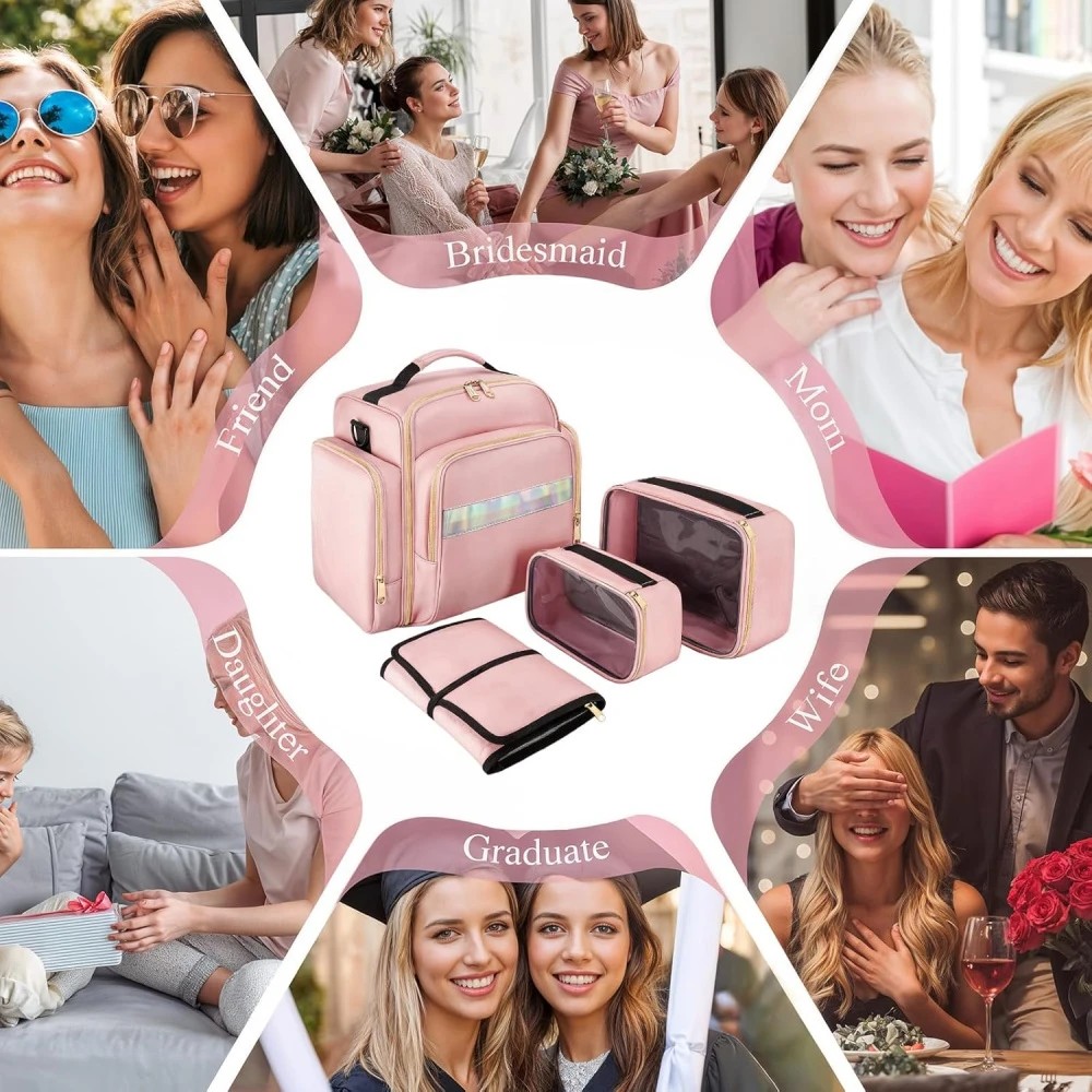1pc Complete Travel Makeup Bag Set, Pink, Large Capacity Cosmetic Organizer with Detachable Pouch, Jewelry Storage Case - Image 6