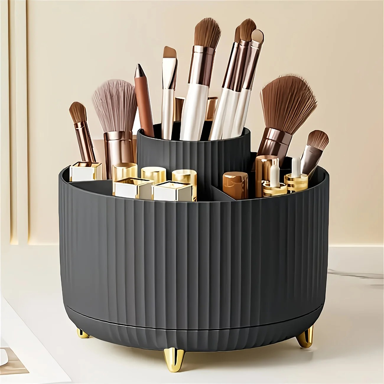 360-Degree Rotating Cosmetic Organizer – 1 Plastic Makeup Storage Box with 5 Compartments – Multi-Purpose Holder for Brushes, Lipsticks, Skincare Products, and Stationery – Durable Odor-Free Desktop Storage Container with Luxurious Stripe Design.WHITE - Image 7