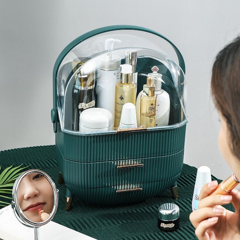 Transparent Flip-top Cosmetic Storage Box: Dustproof, Waterproof, Multi-layer Drawer Organizer, Portable Storage Essential for Desktop and Bathroom.Dark green - Image 3