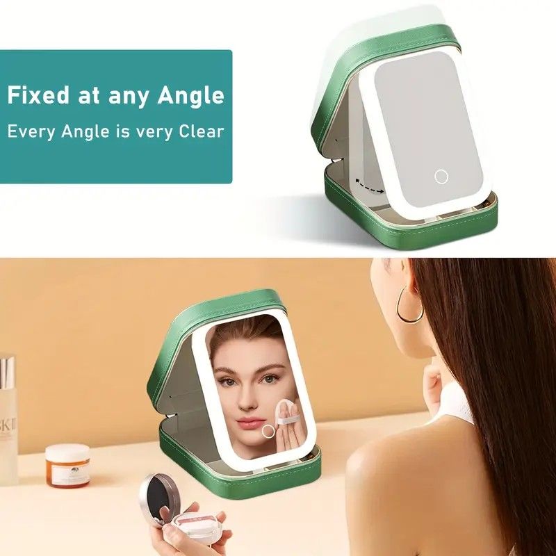 Portable 3-Light LED Makeup Mirror with Organizer – Travel Vanity Case, Rechargeable Touch Control Makeup Box for Home & Travel(green) - Image 2