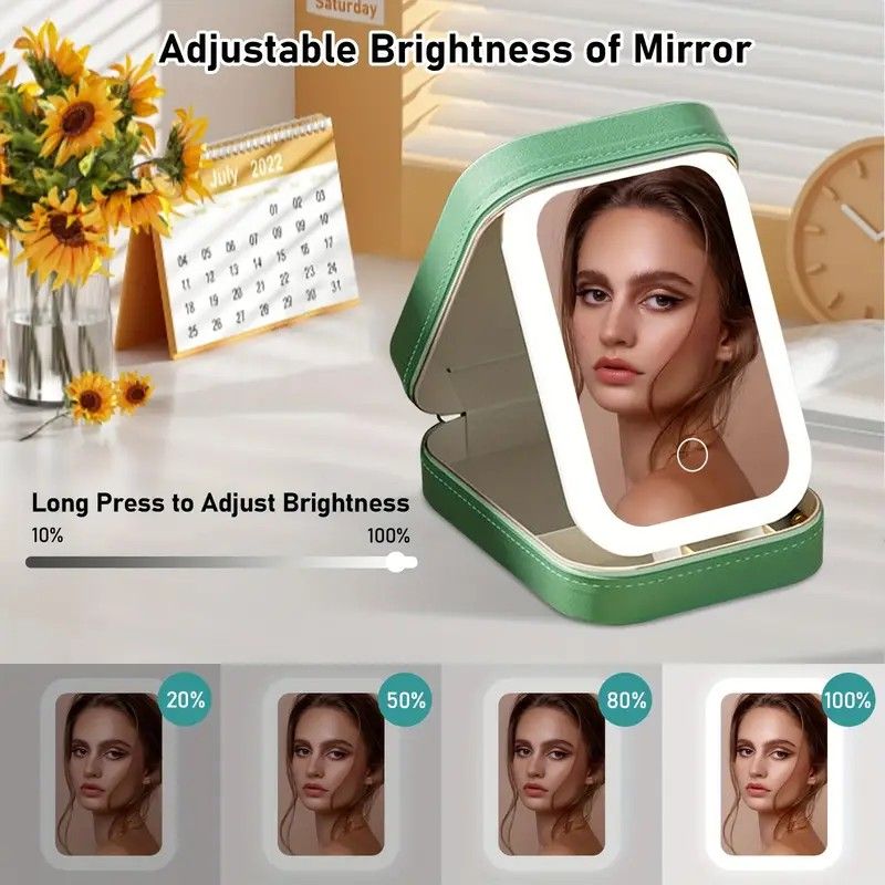 Portable 3-Light LED Makeup Mirror with Organizer – Travel Vanity Case, Rechargeable Touch Control Makeup Box for Home & Travel(green) - Image 3