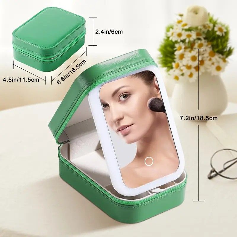 Portable 3-Light LED Makeup Mirror with Organizer – Travel Vanity Case, Rechargeable Touch Control Makeup Box for Home & Travel(green) - Image 4