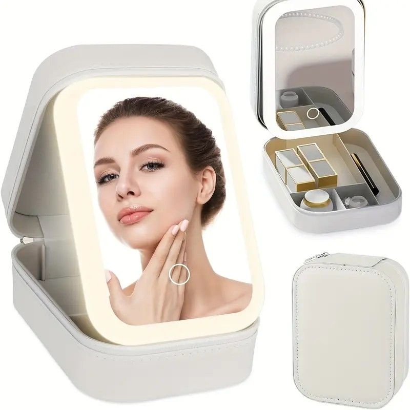 Portable 3-Light LED Makeup Mirror with Organizer – Travel Vanity Case, Rechargeable Touch Control Makeup Box for Home & Travel(WHITE) - Image 1