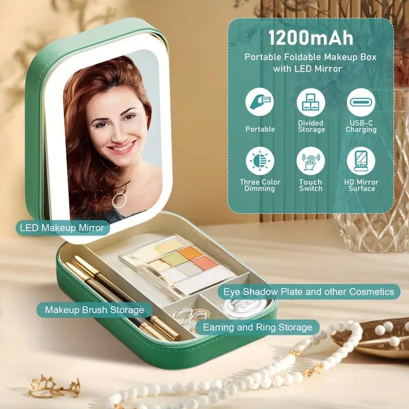 Portable 3-Light LED Makeup Mirror with Organizer – Travel Vanity Case, Rechargeable Touch Control Makeup Box for Home & Travel(WHITE) - Image 6