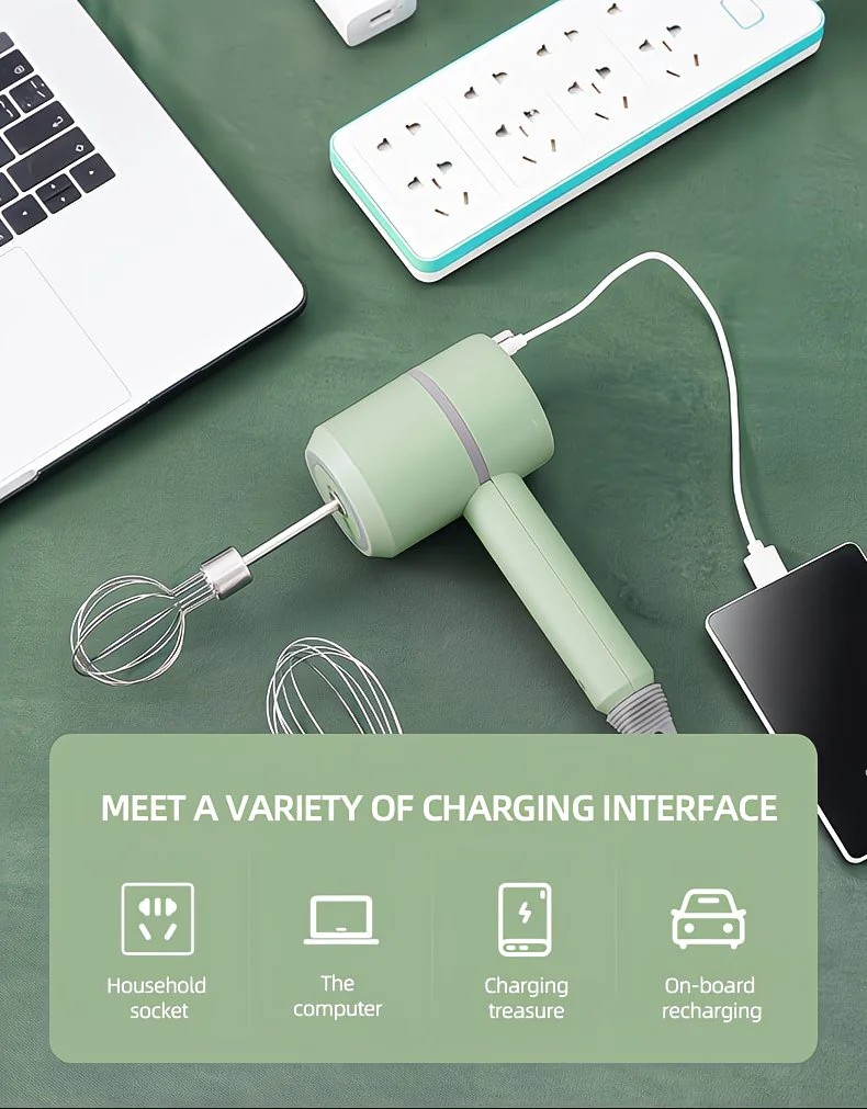 Green Wireless charging handheld mixer, 30W with three-speed settings. Dual whisk heads designed for whipping eggs, cream, and batter. Suitable for both kitchen and outdoor use, also an ideal gift. - Image 3