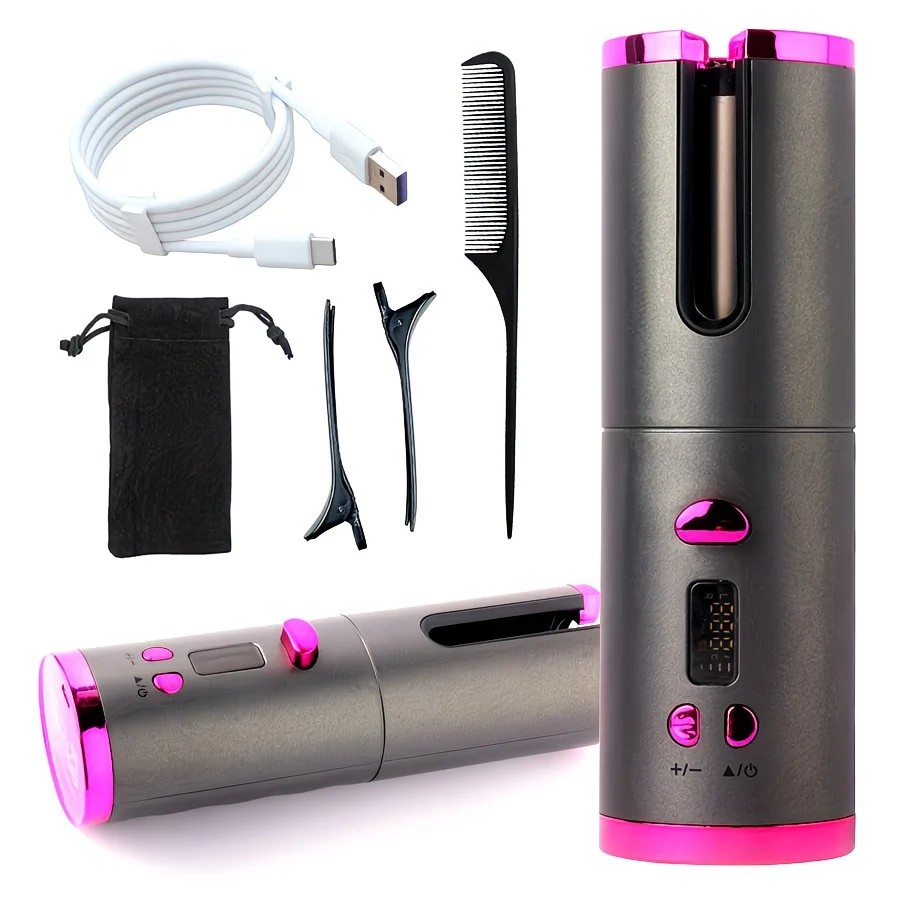 Automatic Hair Curling Wand, Tangle-Free Design, Portable USB Charging Rotating Curling Iron with Ceramic Barrel, Suitable for Long Hair, Fast, Ideal for Hairstyling.Lavender gray - Image 1