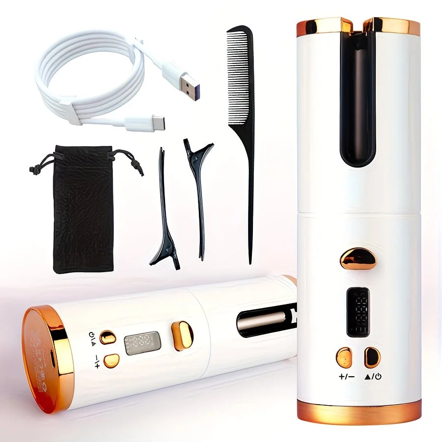 WHITE.Automatic Hair Curling Wand, Tangle-Free Design, Portable USB Charging Rotating Curling Iron with Ceramic Barrel, Suitable for Long Hair, Fast, Ideal for Hairstyling. - Image 1