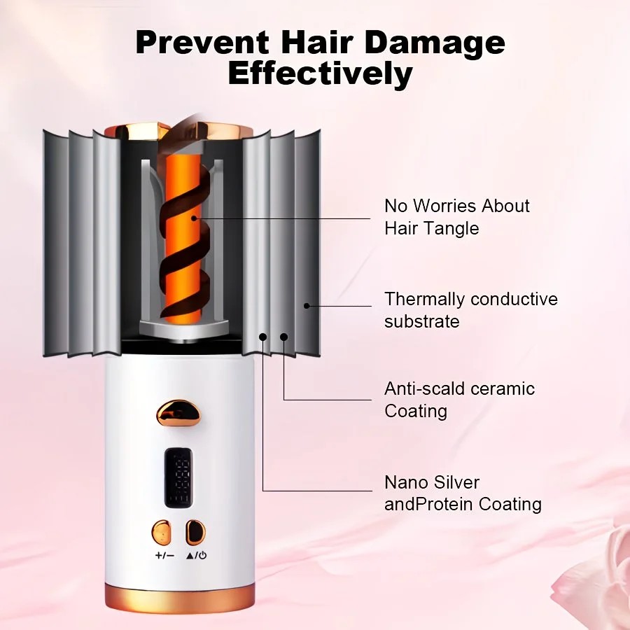 WHITE.Automatic Hair Curling Wand, Tangle-Free Design, Portable USB Charging Rotating Curling Iron with Ceramic Barrel, Suitable for Long Hair, Fast, Ideal for Hairstyling. - Image 5