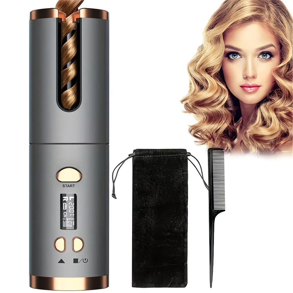 Gray gold Automatic Hair Curling Wand, Tangle-Free Design, Portable USB Charging Rotating Curling Iron with Ceramic Barrel, Suitable for Long Hair, Fast, Ideal for Hairstyling - Image 1