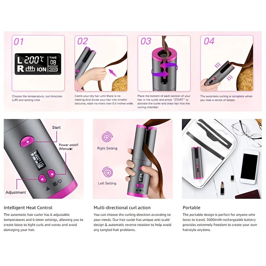 Gray gold Automatic Hair Curling Wand, Tangle-Free Design, Portable USB Charging Rotating Curling Iron with Ceramic Barrel, Suitable for Long Hair, Fast, Ideal for Hairstyling - Image 3