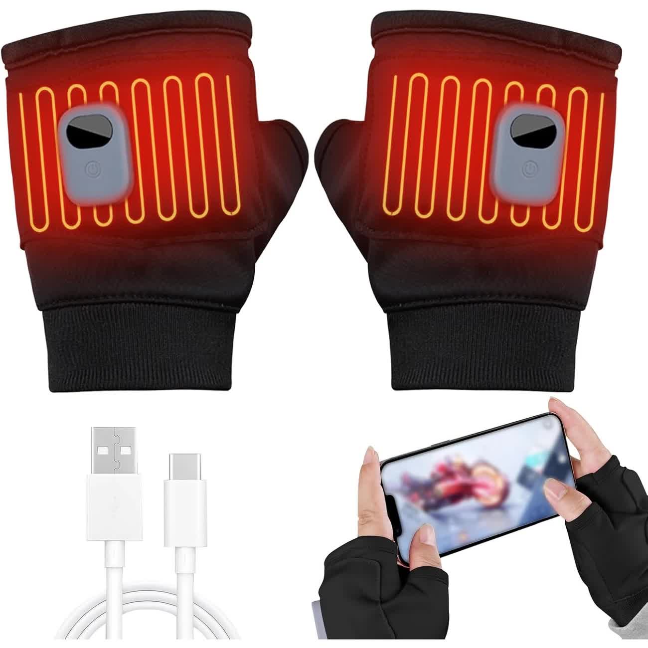 BLACK Professional USB electric heating fingerless gloves, unisex, with LED temperature display, 3-level adjustable heating, and effective cold protection. Suitable for typing, gaming, skiing, and daily wear, this is a practical winter holiday gift. - Image 1