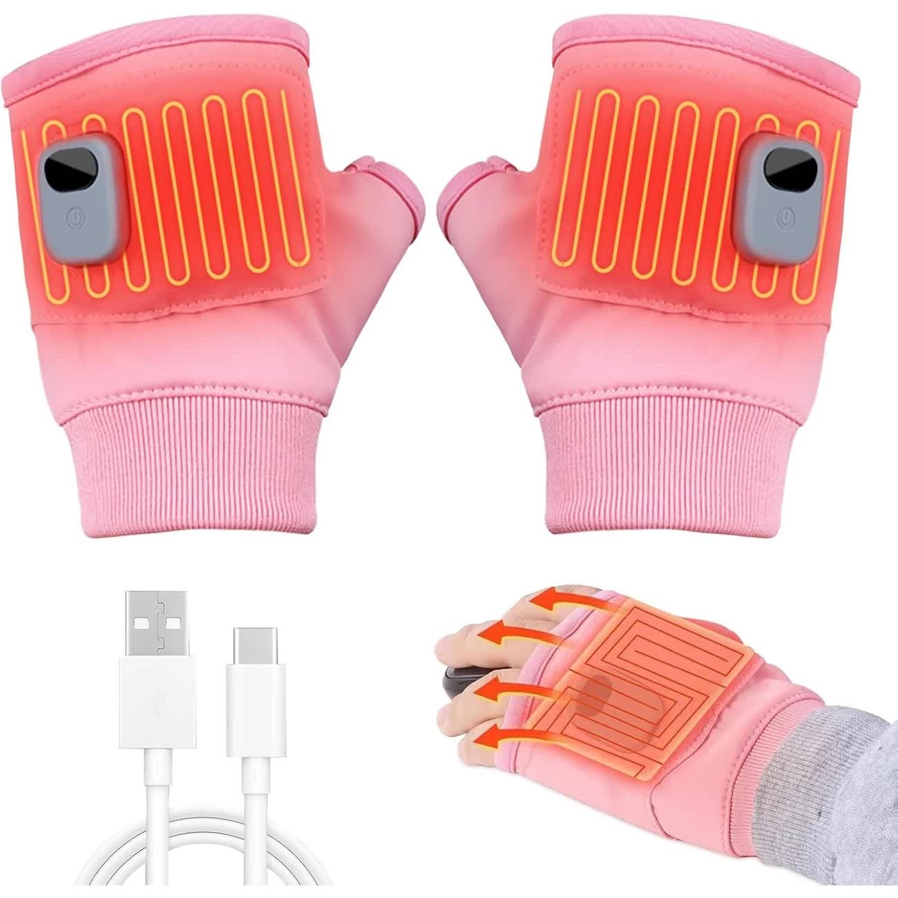 Pink Professional USB electric heating fingerless gloves, unisex, with LED temperature display, 3-level adjustable heating, and effective cold protection. Suitable for typing, gaming, skiing, and daily wear, this is a practical winter holiday gift. - Image 1