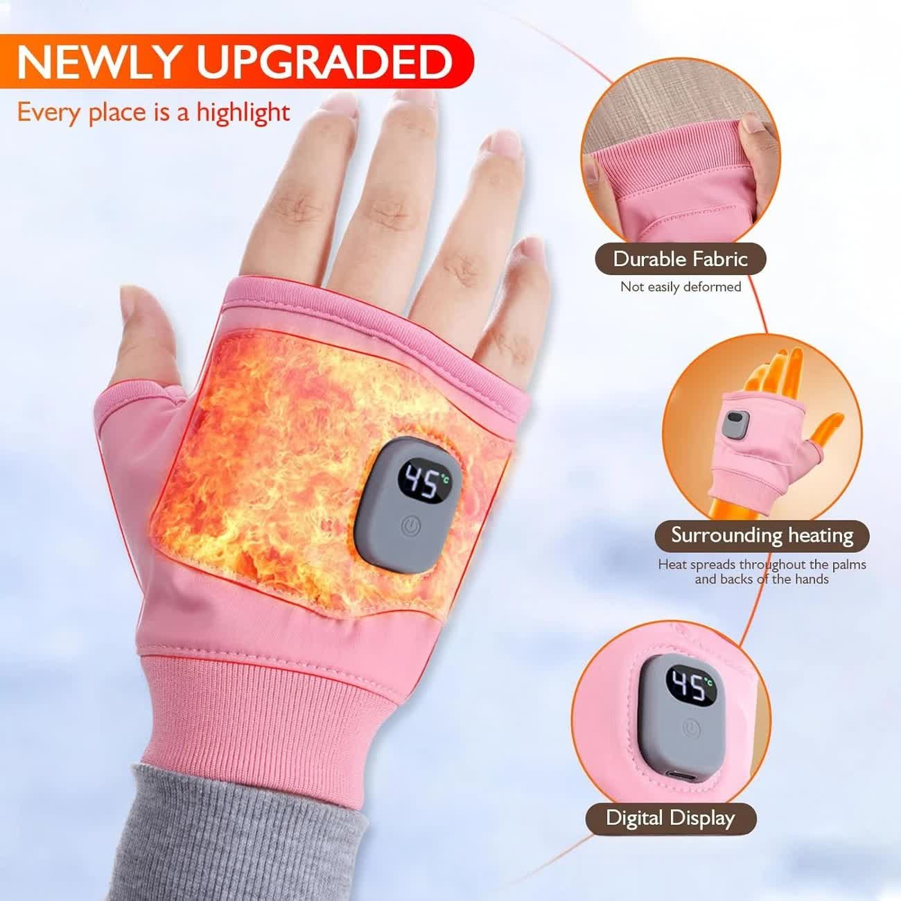 Pink Professional USB electric heating fingerless gloves, unisex, with LED temperature display, 3-level adjustable heating, and effective cold protection. Suitable for typing, gaming, skiing, and daily wear, this is a practical winter holiday gift. - Image 5