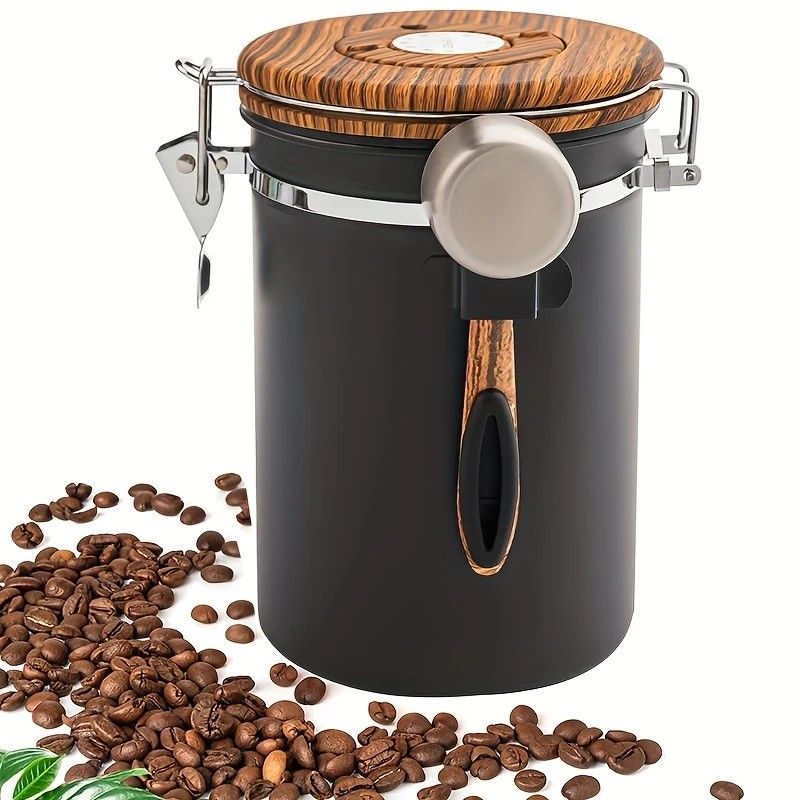 1500ml 304 Stainless Steel Coffee Canister Airtight Coffee Bean Storage Jar with Wood Grain Lid and Scoop - Image 1
