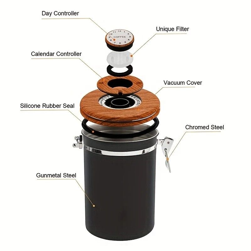 1500ml 304 Stainless Steel Coffee Canister Airtight Coffee Bean Storage Jar with Wood Grain Lid and Scoop - Image 2