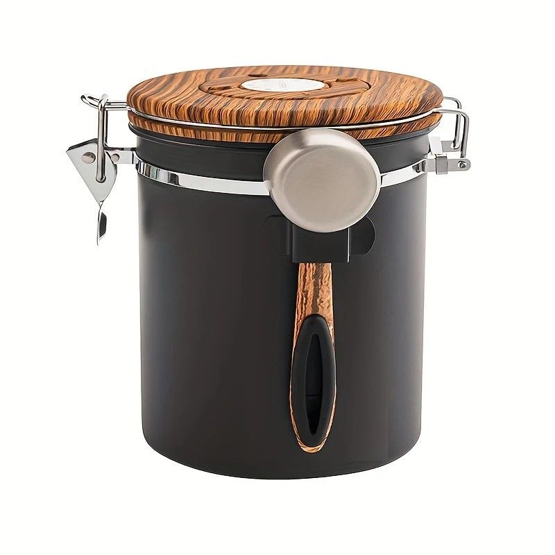 1500ml 304 Stainless Steel Coffee Canister Airtight Coffee Bean Storage Jar with Wood Grain Lid and Scoop - Image 4