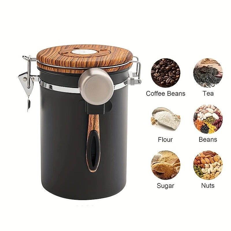 1500ml 304 Stainless Steel Coffee Canister Airtight Coffee Bean Storage Jar with Wood Grain Lid and Scoop - Image 7