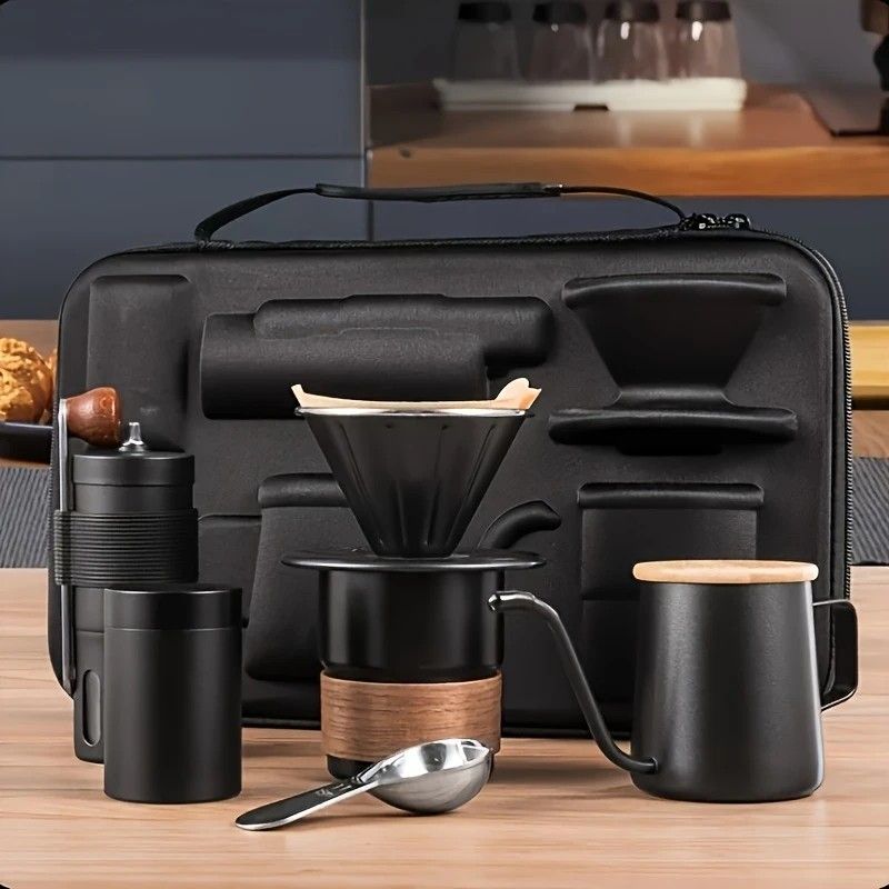 6-Piece Pour Over Coffee Set, Coffee Machine Gift Box, Pour Over Coffee Kettle, Coffee Cup, Coffee Bean Grinder Set.black - Image 2
