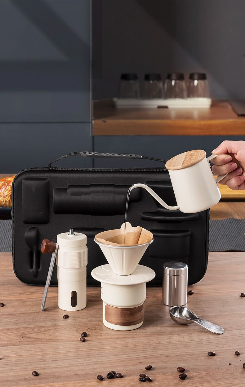 6-Piece Pour Over Coffee Set, Coffee Machine Gift Box, Pour Over Coffee Kettle, Coffee Cup, Coffee Bean Grinder Set.WHITE - Image 1