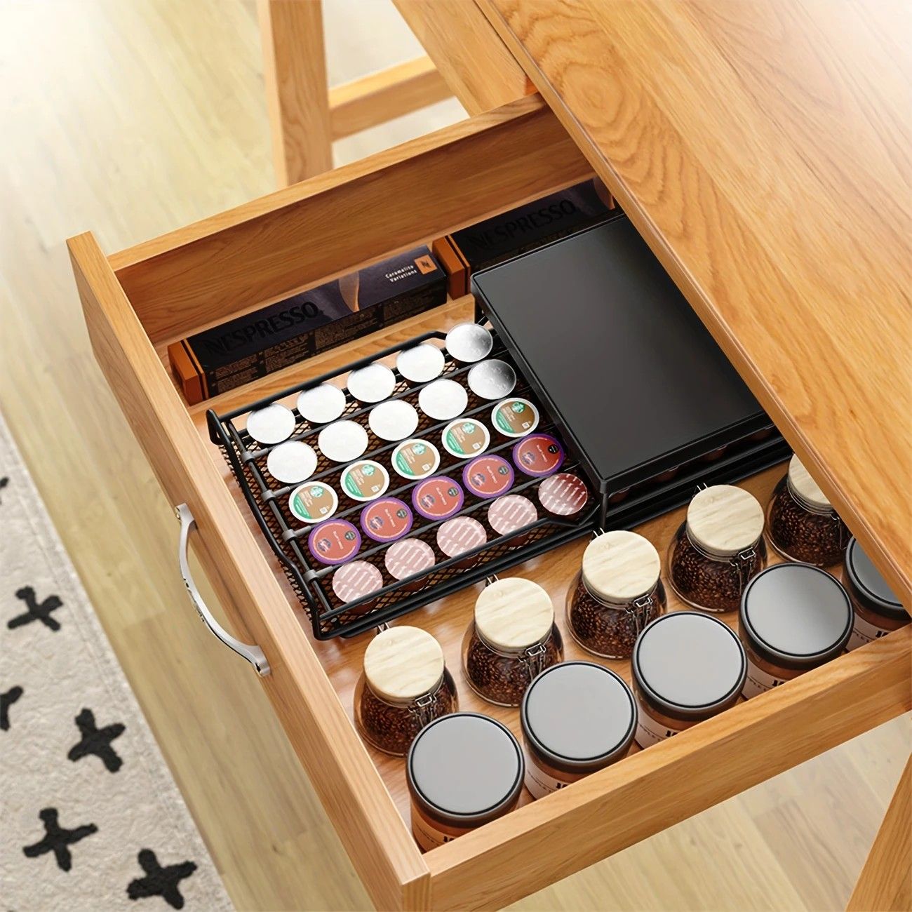 1pc Metal Coffee Capsule Storage Box Drawer Style Dustproof Organizer with Adjustable Grid for Tea Bags Capsules Multifunctional Organizer for Kitchen Office Home - Image 4