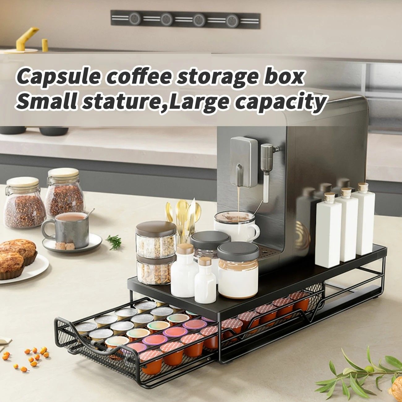 1pc Metal Coffee Capsule Storage Box Drawer Style Dustproof Organizer with Adjustable Grid for Tea Bags Capsules Multifunctional Organizer for Kitchen Office Home - Image 6