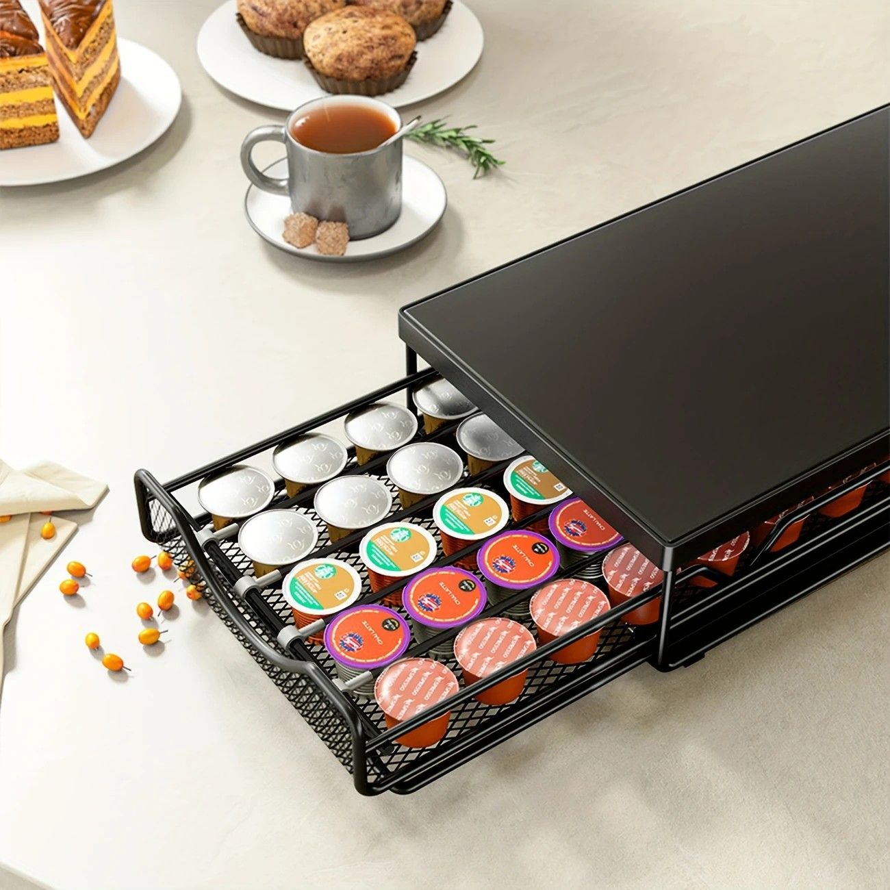 1pc Metal Coffee Capsule Storage Box Drawer Style Dustproof Organizer with Adjustable Grid for Tea Bags Capsules Multifunctional Organizer for Kitchen Office Home - Image 7
