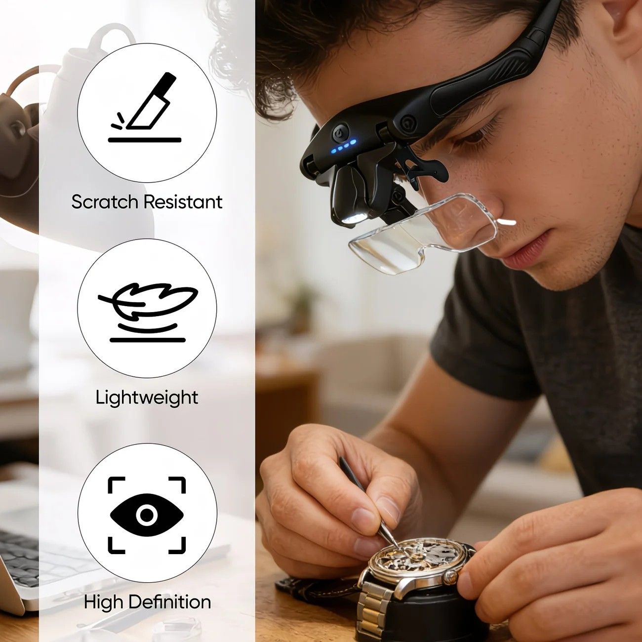Head-mounted rechargeable magnifier, high-definition lenses with LED lighting, dual wearing modes for flexible switching, full-dimensional adjustment for precision work, lightweight, scratch-resistant, and durable, long battery life supporting repair and - Image 2