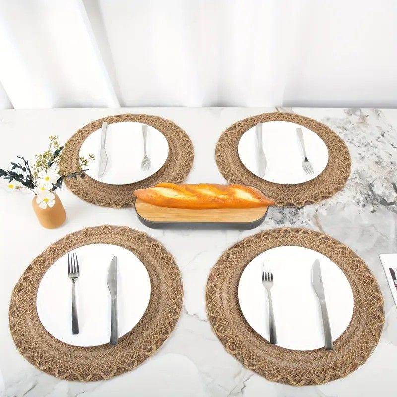 4pcs Nordic Style Round Table Mat, Exquisite Openwork Weave, Polyester Hemp-Like Texture, 38cm Dining Mat, Heat-Resistant and Easy to Care For - Image 2