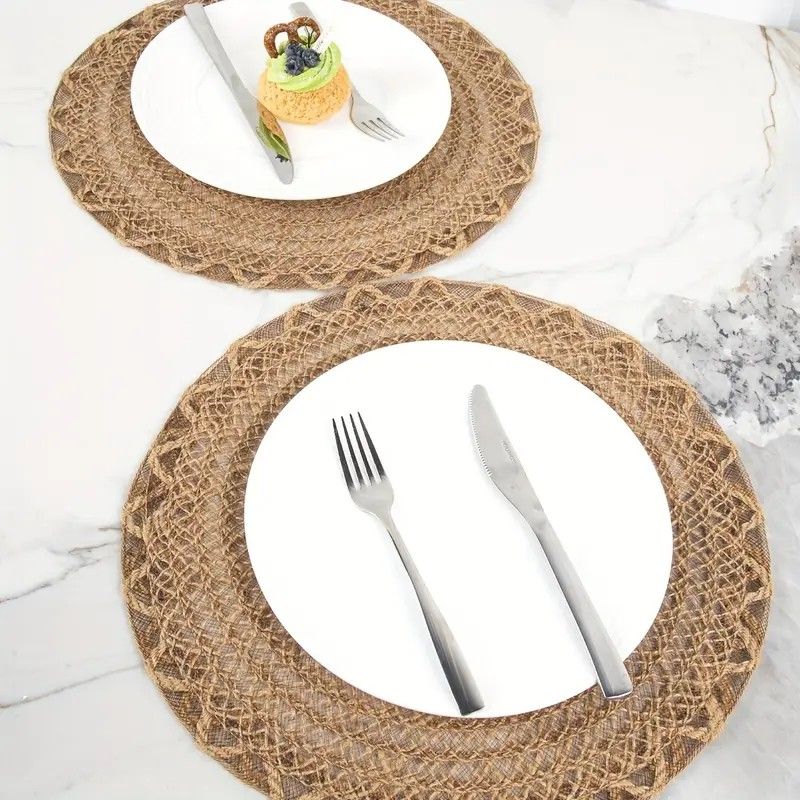 4pcs Nordic Style Round Table Mat, Exquisite Openwork Weave, Polyester Hemp-Like Texture, 38cm Dining Mat, Heat-Resistant and Easy to Care For - Image 4