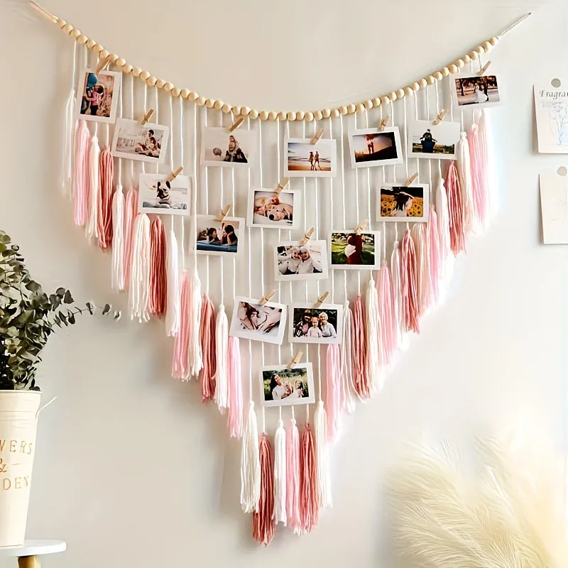 Bohemian Woven Wooden Bead Tassel Photo Wall Hanging: Cotton Handmade Clip-On Tapestry, Warm and Healing Decoration for Bedroom and Living Room - Image 1