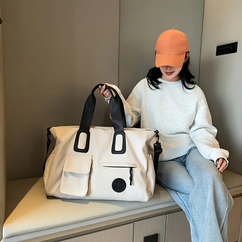 White Large-capacity travel tote bag, lightweight carry-on luggage with shoulder strap, gym bag, portable laptop bag, ideal for short trips, hand-carry style. - Image 3