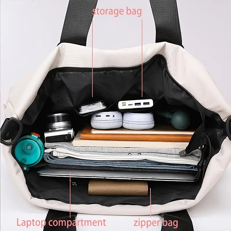 White Large-capacity travel tote bag, lightweight carry-on luggage with shoulder strap, gym bag, portable laptop bag, ideal for short trips, hand-carry style. - Image 5