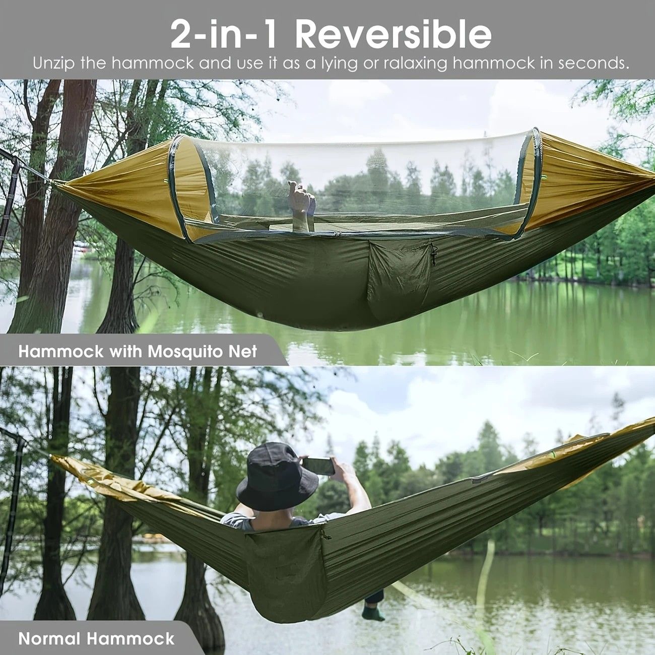 Sun-Protection Outdoor Hammock｜2-in-1 Detachable Mosquito Net, Portable Camping Essential.pitch green - Image 4