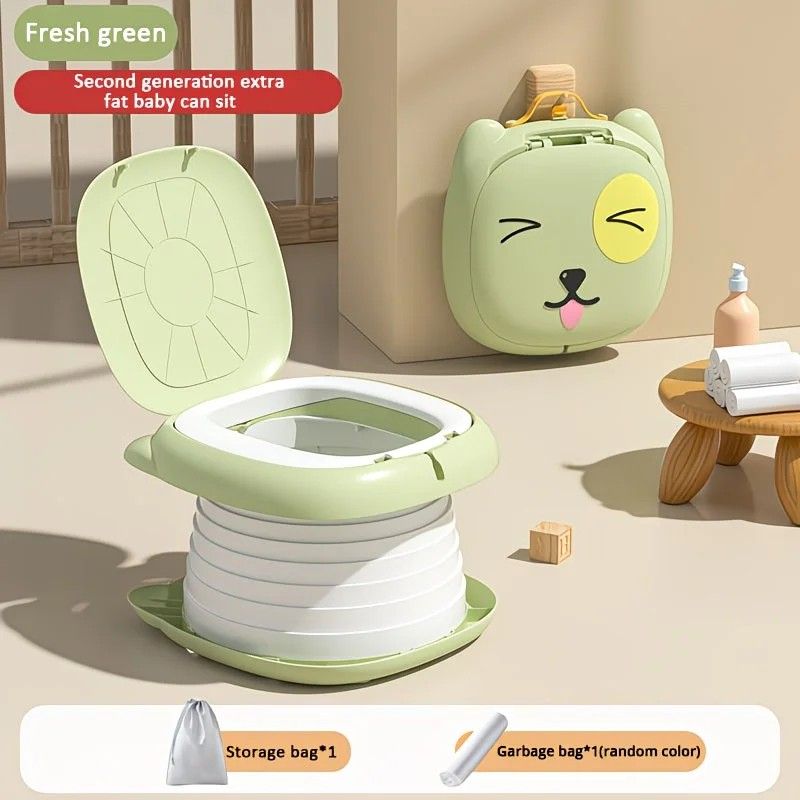 Car Folding Potty, cute cartoon design, folds in seconds for easy carrying, widened seat ring for comfort and stability, suitable for both home and travel.(GREEN) - Image 1