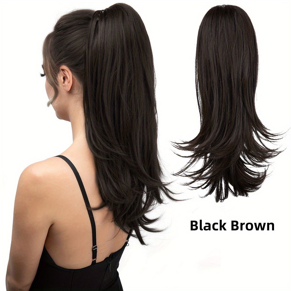 Clip-on Ponytail Hairpiece — Dual-use design, rotate 180° to switch between styles. Made of synthetic fiber, it's easy and quick to wear. Special craftsmanship ensures a natural, realistic look once put on.(BLACK BROWN) - Image 1