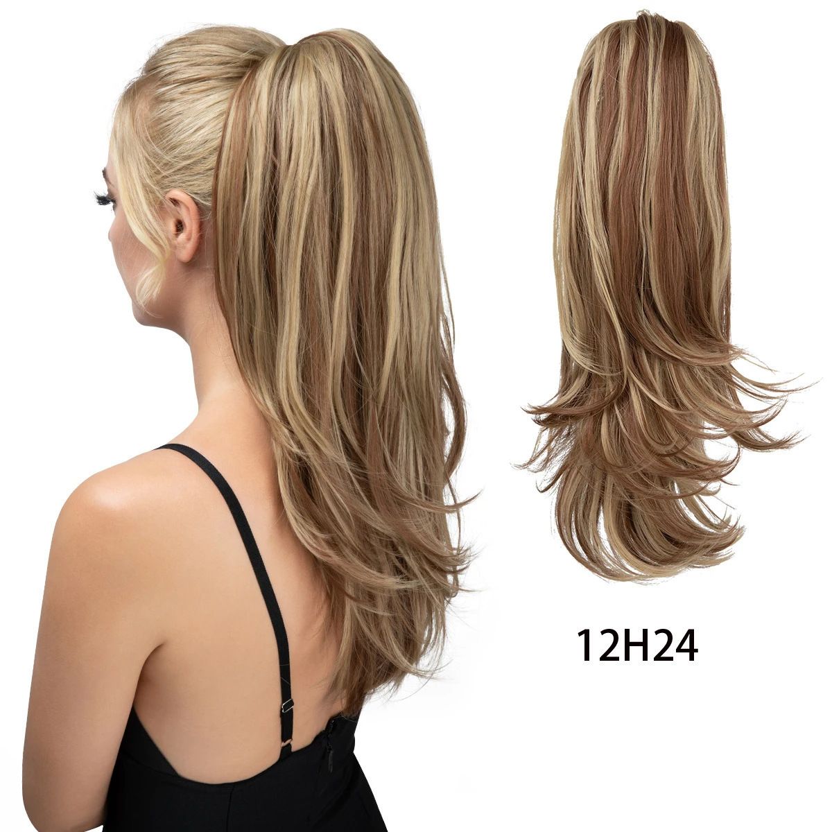 Clip-on Ponytail Hairpiece — Dual-use design, rotate 180° to switch between styles. Made of synthetic fiber, it's easy and quick to wear. Special craftsmanship ensures a natural, realistic look once put on.(colour mixture:12H24) - Image 1