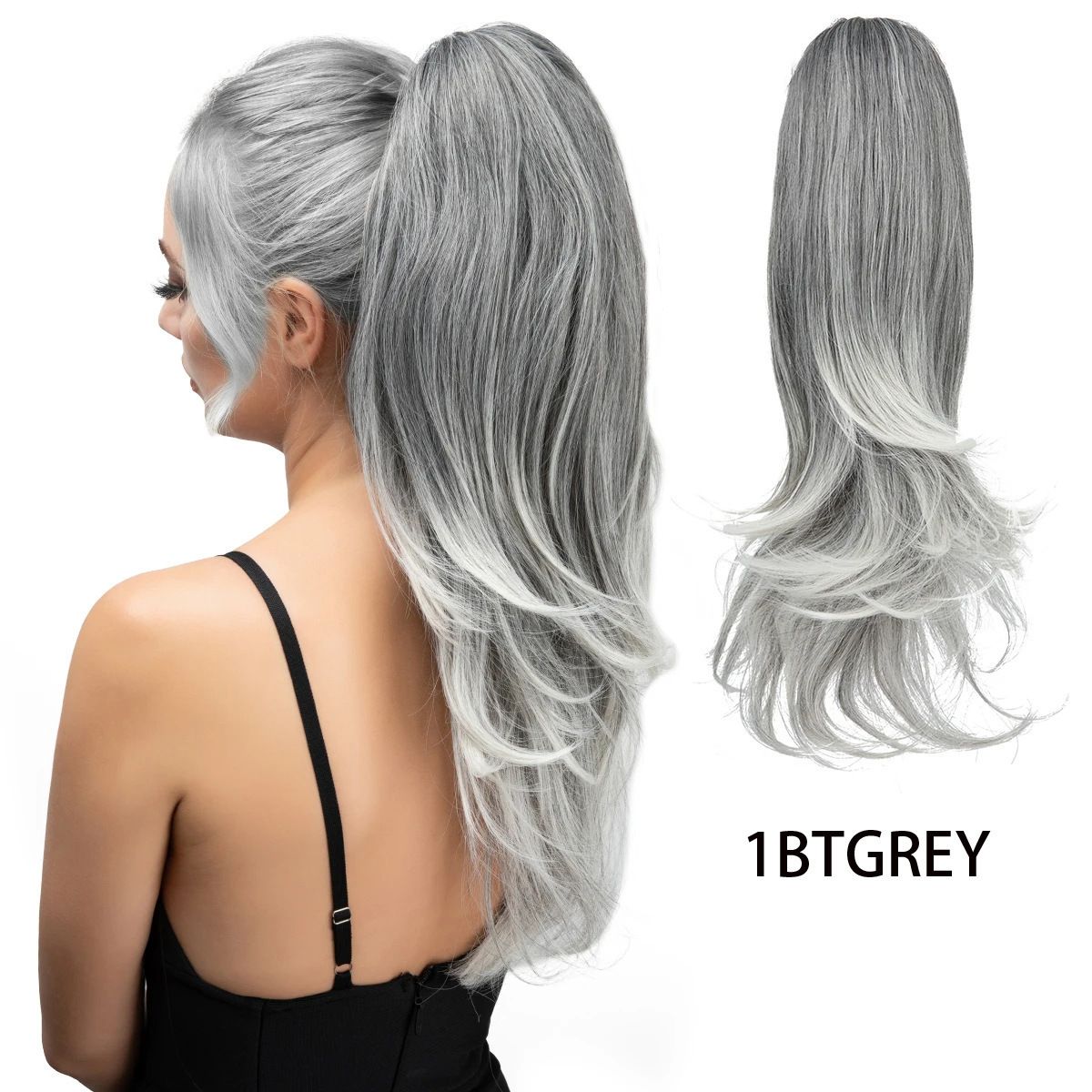 Clip-on Ponytail Hairpiece — Dual-use design, rotate 180° to switch between styles. Made of synthetic fiber, it's easy and quick to wear. Special craftsmanship ensures a natural, realistic look once put on.(colour mixture:1 btgrey) - Image 1