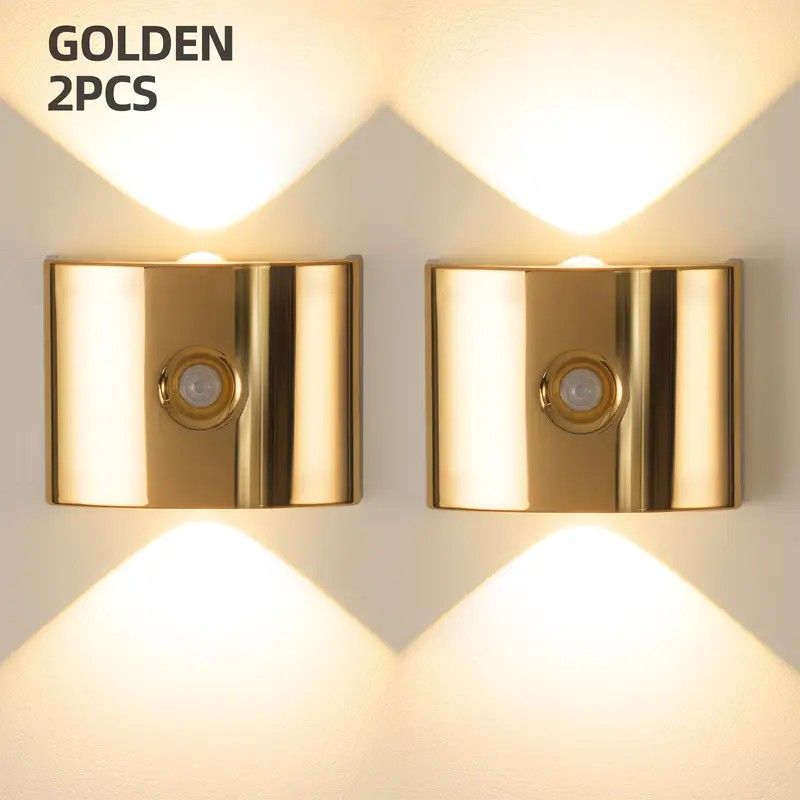 2PCS Induction wall lamp with three-color stepless dimming, 120° auto shut-off, USB rechargeable magnetic installation. Smart motion-sensing LED wall lamp, serving as both a night light and an ambient light./golden - Image 1