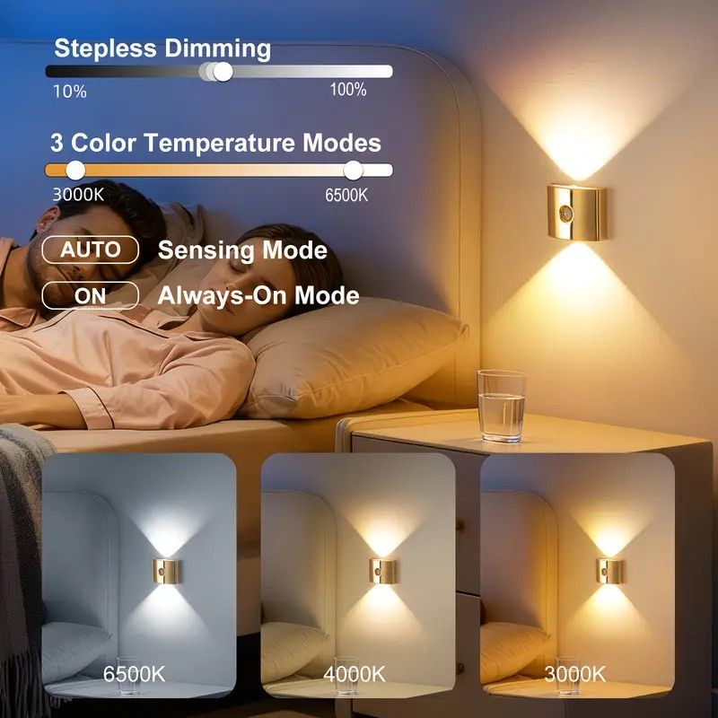 2PCS Induction wall lamp with three-color stepless dimming, 120° auto shut-off, USB rechargeable magnetic installation. Smart motion-sensing LED wall lamp, serving as both a night light and an ambient light./golden - Image 4