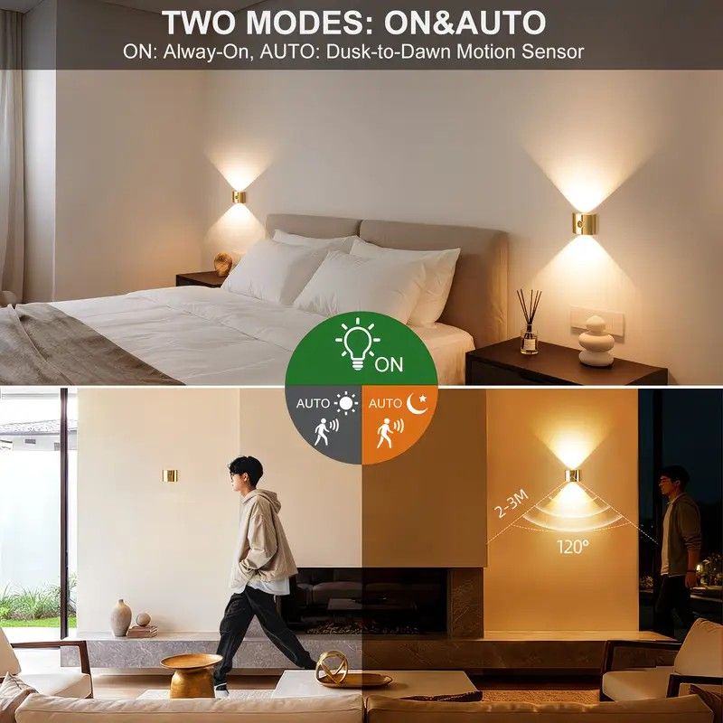 2PCS Induction wall lamp with three-color stepless dimming, 120° auto shut-off, USB rechargeable magnetic installation. Smart motion-sensing LED wall lamp, serving as both a night light and an ambient light./golden - Image 6