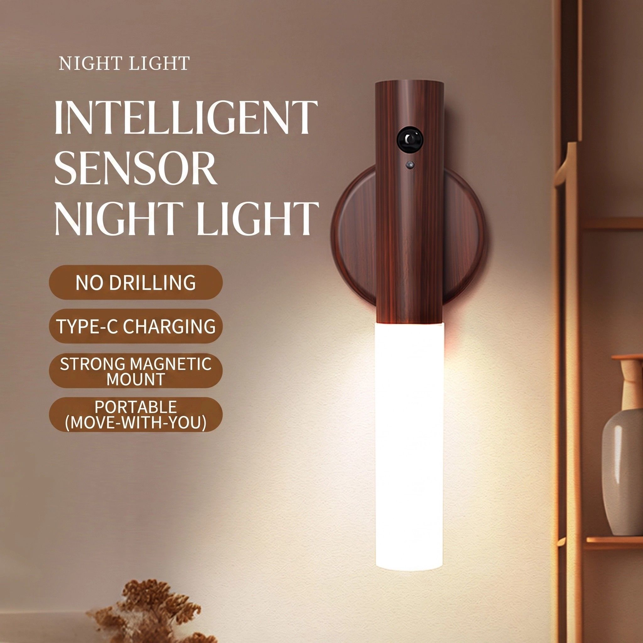 2-Pack USB Rechargeable Magnetic LED Night Light – Motion Sensor Wall Light for Bedroom, Kitchen & Bathroom/Walnut color - Image 2