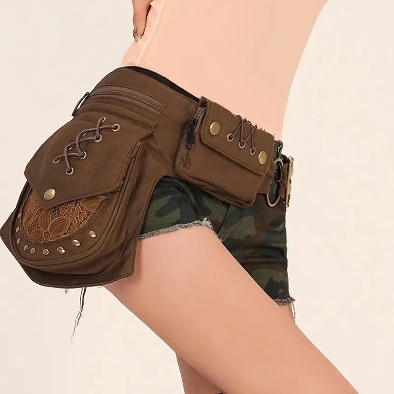 Retro Casual European and American Style Simple and Fashionable Multifunctional Waist Bag, High-Quality Design with Lace Stitching, Rivets, Tie-Fasten Belt Decoration, Daily Portable Practical Outdoor Sports Phone Bag - Image 5