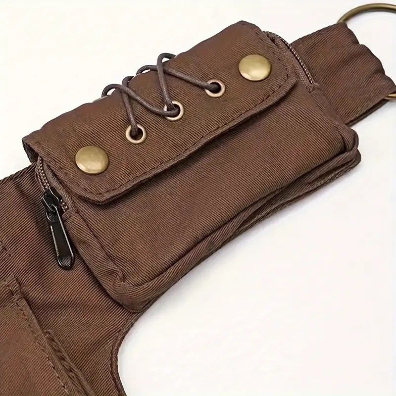 Retro Casual European and American Style Simple and Fashionable Multifunctional Waist Bag, High-Quality Design with Lace Stitching, Rivets, Tie-Fasten Belt Decoration, Daily Portable Practical Outdoor Sports Phone Bag - Image 6