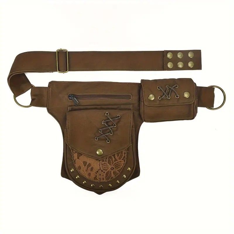 Retro Casual European and American Style Simple and Fashionable Multifunctional Waist Bag, High-Quality Design with Lace Stitching, Rivets, Tie-Fasten Belt Decoration, Daily Portable Practical Outdoor Sports Phone Bag - Image 8