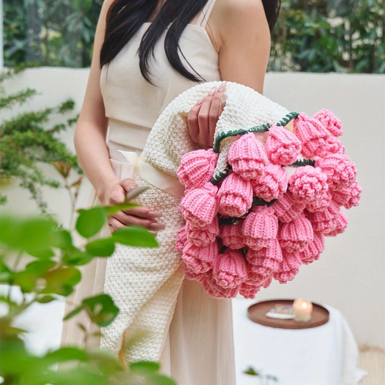 Hand-Crocheted Rose Round Blanket: A versatile romantic gift that brightens everyday warmth. (Diameter: 110 CM / 43.3 IN,PINKue) - Image 1