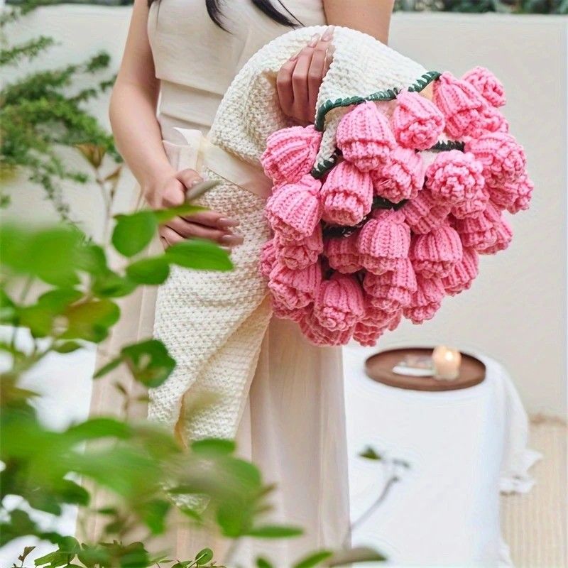 Hand-Crocheted Rose Round Blanket: A versatile romantic gift that brightens everyday warmth. (Diameter: 110 CM / 43.3 IN, bean paste) - Image 6