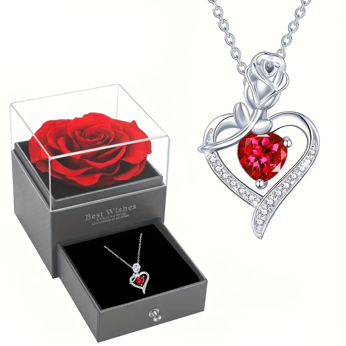 Rose Heart Pendant Necklace, copper-inlaid zirconia with ruby accents, adjustable chain. Symbolizing 