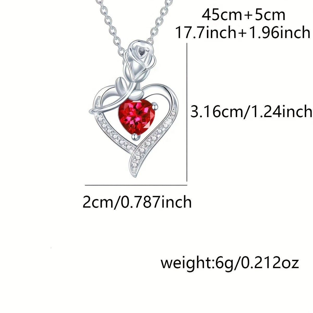 Rose Heart Pendant Necklace, copper-inlaid zirconia with ruby accents, adjustable chain. Symbolizing 